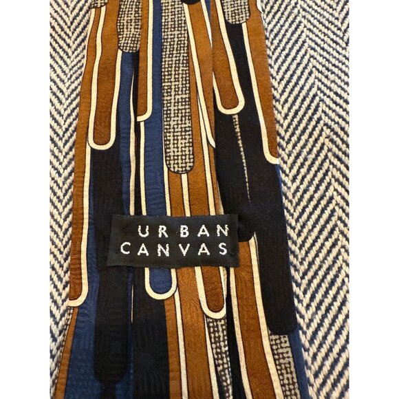 Urban Canvas Mens Silk Tie With Geometric Retro Lines In Blue Brown & Black - Picture 3 of 7